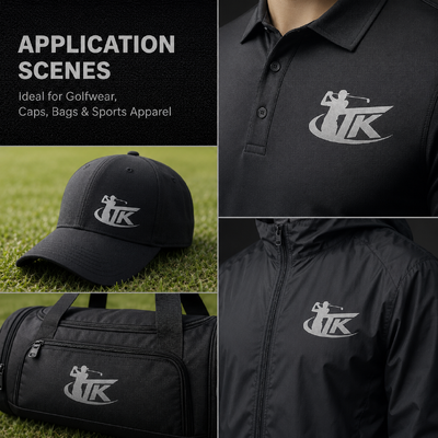 Individuelle metallische Wärmeübertragungsaufkleber Golf-Logo-Transfer für Sportbekleidung, Streetwear, Poloshirts, Jacken, OEM ODM, umweltfreundlich, maßgefertigt