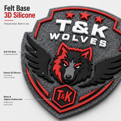 3D-Silikonabzeichen auf Filzbasis, individuelles erhabenes Logo zum Annähen, langlebiger Team-Aufnäher, maßgefertigt, OEM direkt ab Werk